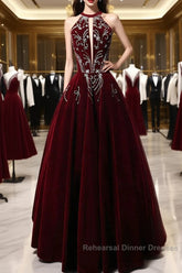 Wine Red Velvet Beaded Halter Long Formal Dress, A-Line Velvet Semi Formal Prom Dress